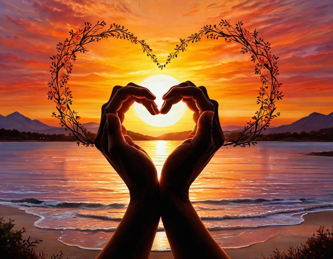 A pair of intertwined hands symbolizing deep connection, surrounded by soft glowing lights and warm colors, representing love and companionship. In the background, silhouettes of a couple enjoying a serene sunset together, evoking a sense of tranquility and lasting bonds. Artistic elements of hearts and floral patterns subtly integrated to enhance the theme of romance. painting. warm colors. soft focus.