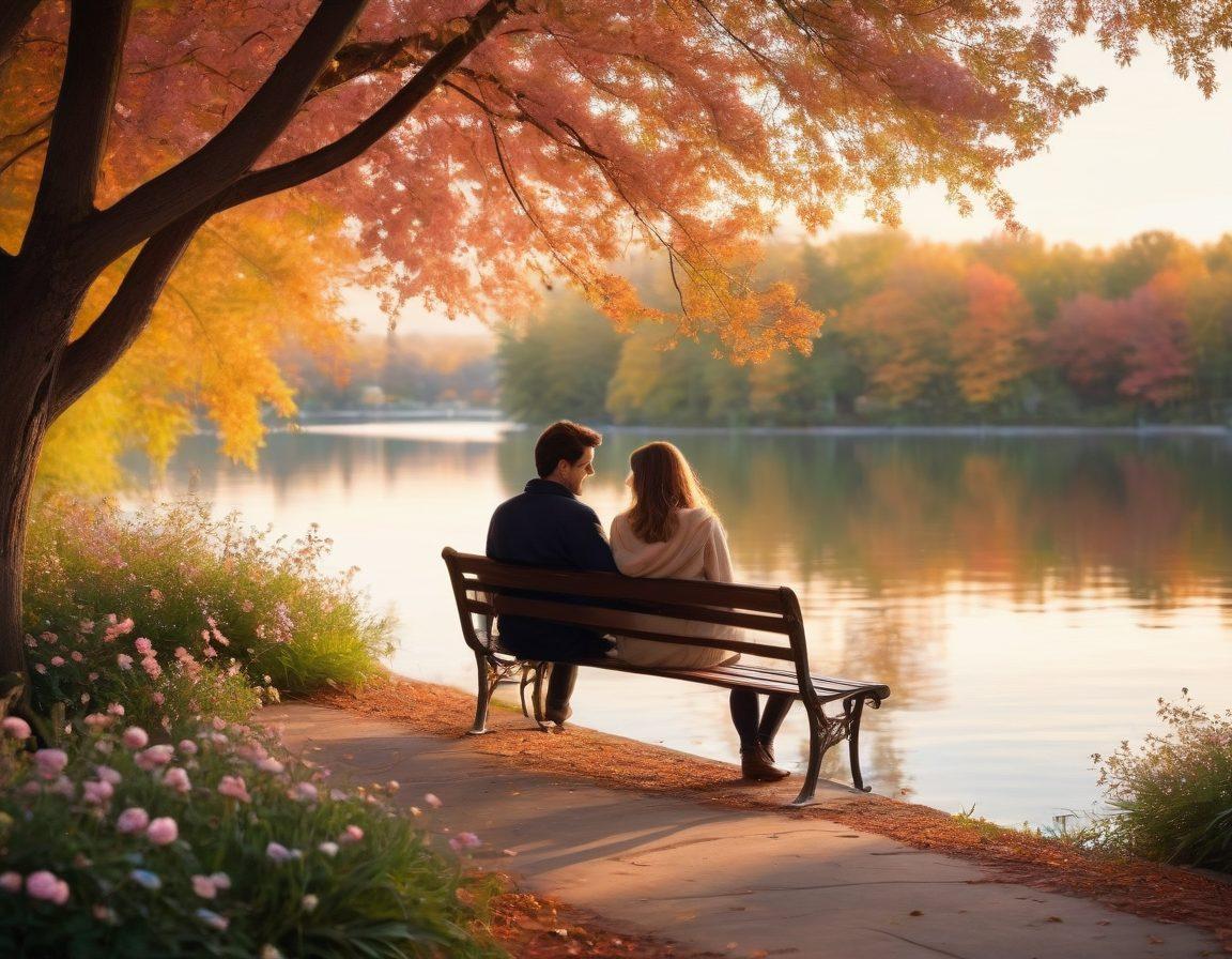 A serene couple sitting together on a sunlit park bench, surrounded by blooming flowers and gently falling leaves, sharing an intimate moment. The background features a tranquil lake reflecting the soft glow of sunset, symbolizing depth and connection. Warm colors create a feeling of love and warmth. Soft focus on the couple to evoke emotion and tenderness. super-realistic. vibrant colors. romantic atmosphere.